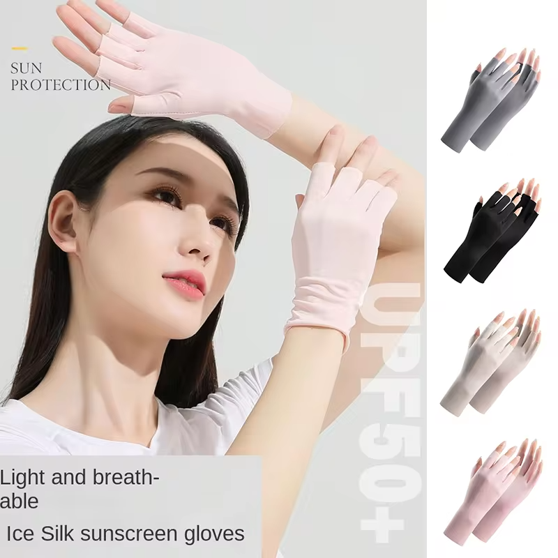 Summer Fingerless Gloves Women Cooling Sun Protection Driving Gloves Touchscreen Anti UV Ice Silk Breathable Cycling Gloves